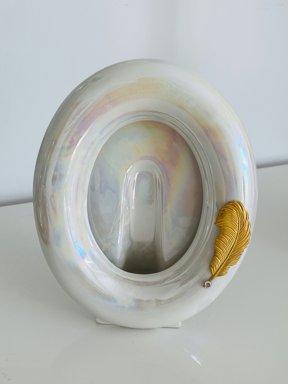 Vintage Italian Iridescent Glass Photo Frame with gold feather made in Italy